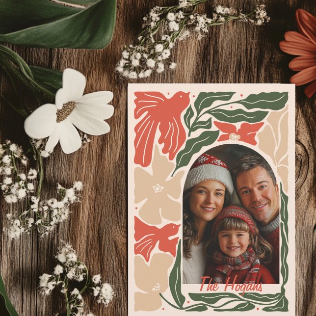 Cartão De Festividades Foto do Red and Green Folk Art 2 (Folk Art 2-photo Christmas Greeting Card)