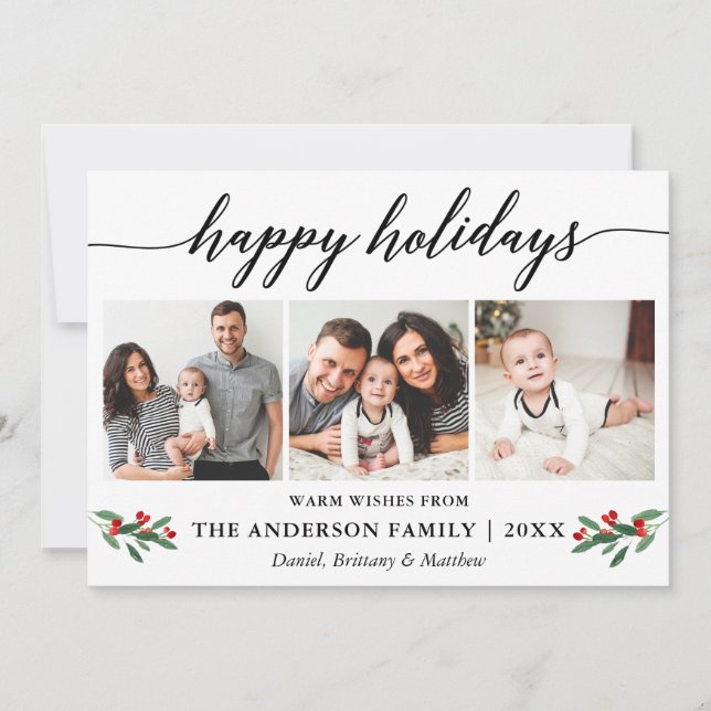 Cartão De Festividades Foto do Red Holly 3 da Caligrafia Moderna (Frente)