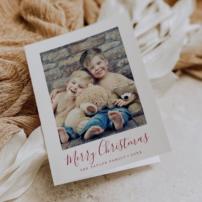 Cartão De Festividades Foto do Retrato de Natal Mínimo Vermelho Merry (Criador carregado)