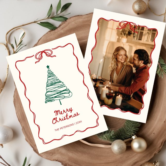 Cartão De Festividades Foto do Retro Verde Vermelho ilustrado manualmente (UNIQUE Christmas Hand Illustrated Hand Drawn Quirky Simple Photo Holiday Card)