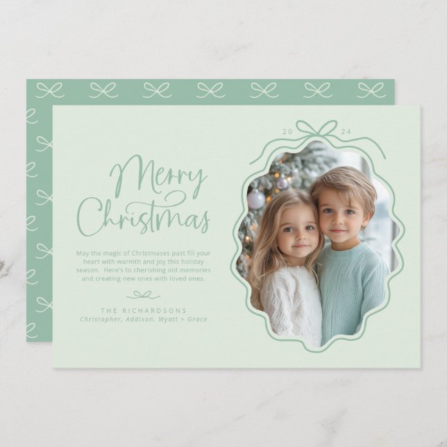 Cartão De Festividades Foto do Retro Wavy Verde da Pastel Mint (Frente/Verso)