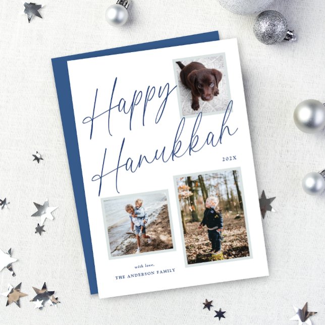 Cartão De Festividades Foto do Script de Hanukkah Preto e Branco Feliz (Black and White Happy Hanukkah Script Photo Holiday Card)