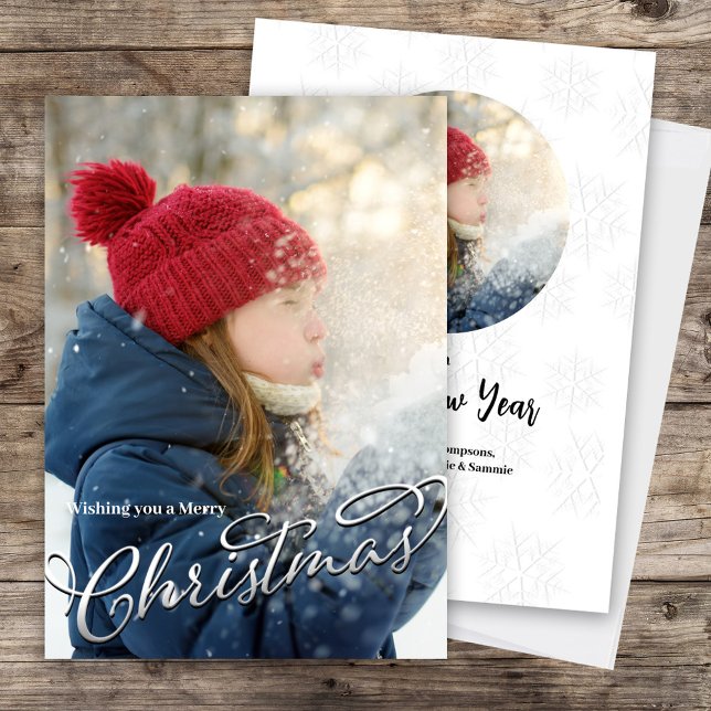 Cartão De Festividades Foto do Script de Natal Silver Felry (Merry Christmas Silver Calligraphy Script Photo Card)