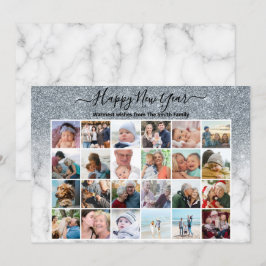 Cartão De Festividades Foto do Script Elegante do Mármore Glitter Silver 