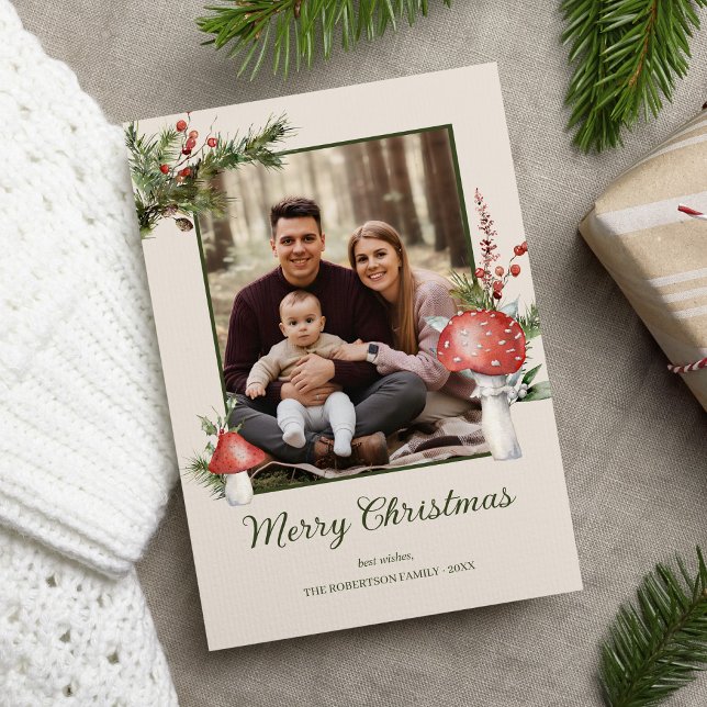 Cartão De Festividades Foto dos Cogumelos de Natal Rustic Woodland (Criador carregado)