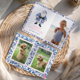 Cartão De Festividades Foto dos Papais noeis de Natal da Chinoiserie Azul