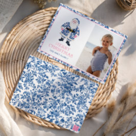 Cartão De Festividades Foto dos Papais noeis de Natal da Chinoiserie Azul