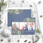 Cartão De Festividades Foto Dourada Blue Winter Botanical Greenery Berrie<br><div class="desc">O Natal é uma época especial do ano! E que melhor maneira de celebrar do que com um belo Cartão de Férias Botânico de Foto Botânica de Marinho Azul Dourado de inverno! Este cartão maravilhoso apresenta três das suas fotos favoritas, maravilhosamente decoradas com filmes festivos de inverno vermelho e verde,...</div>