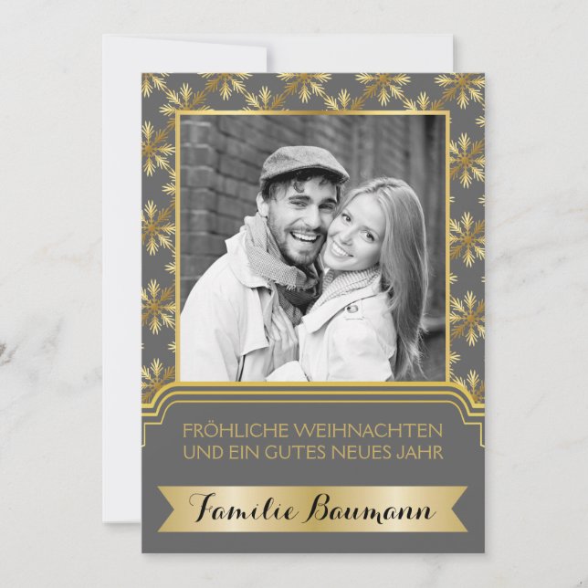 Cartão De Festividades Foto Dourada, cinza floco de neve Frohe Weihnachte (Frente)