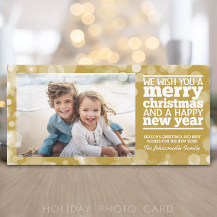 Cartão De Festividades Foto Dourada de Bokeh - Desejamos-lhe um Feliz Nat