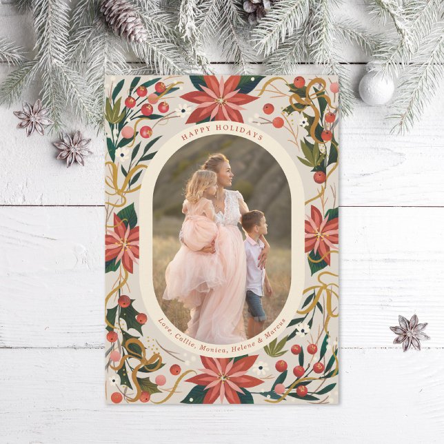 Cartão De Festividades Foto Dourada de Fita de Poinsettias Ilustrada (Criador carregado)