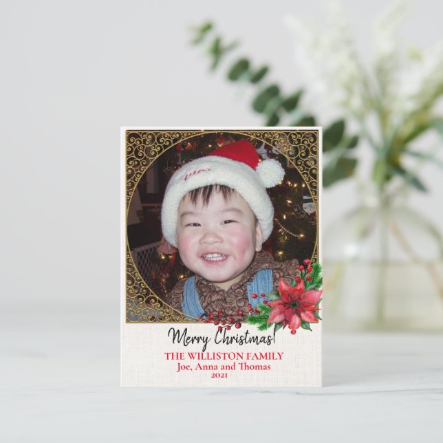 Cartão De Festividades Foto Dourada de Poinsettia de Natal (Em pé/Frente)