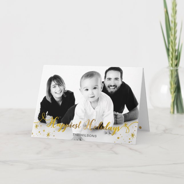 Cartão De Festividades Foto Dourada do feriado mais feliz do script Spark (Frente)