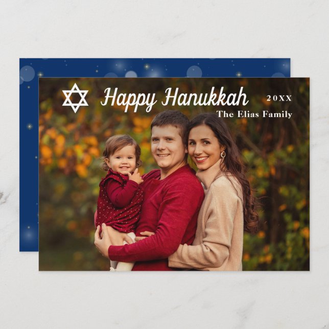 Cartão De Festividades Foto Dourada e azul de Hanukkah feliz moderno (Frente/Verso)