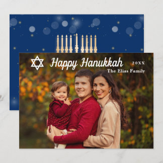 Cartão De Festividades Foto Dourada e azul de Hanukkah feliz moderno