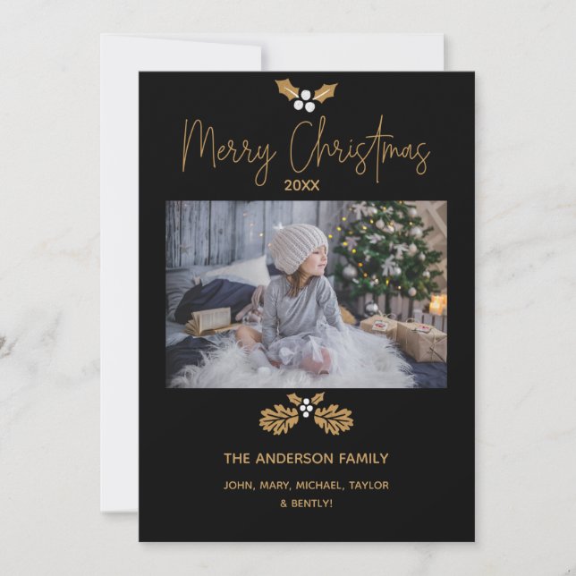 Cartão De Festividades Foto Dourada e Negra Simples Feliz Natal (Frente)