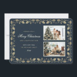 Cartão De Festividades Foto Dourada Holly Elegante<br><div class="desc">Cartão de feriado Elegante azul e dourado com duas fotos e ouro holly em fundo azul. Personalize facilmente este cartão de feriado fotográfico com as suas fotografias favoritas,  o nome da família e o ano.</div>