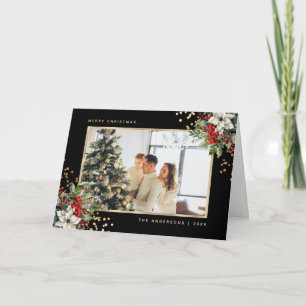 Cartão De Festividades Foto Dourada Negra Holly Berries Poinsettia