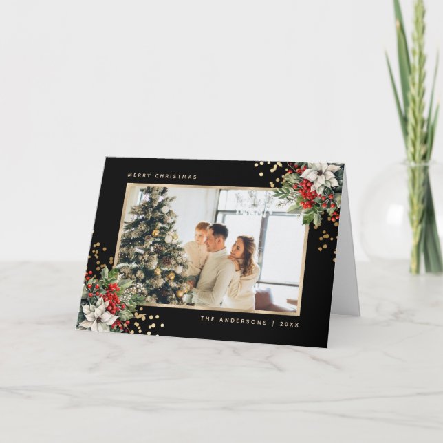 Cartão De Festividades Foto Dourada Negra Holly Berries Poinsettia (Frente)