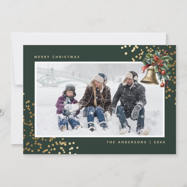 Cartão De Festividades Foto Dourada Verde de Holly Bell (Frente)