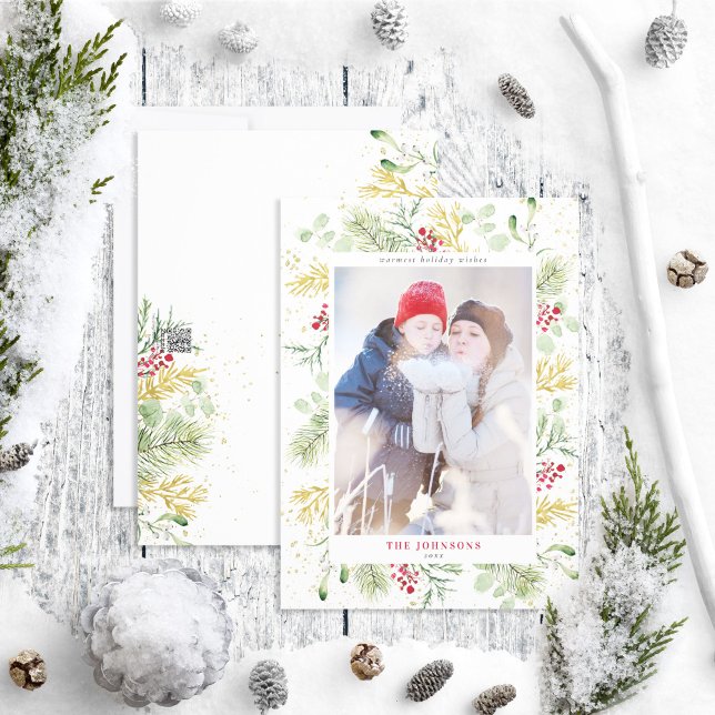 Cartão De Festividades Foto Dourada Winter Botanical Greenery Berries (Criador carregado)