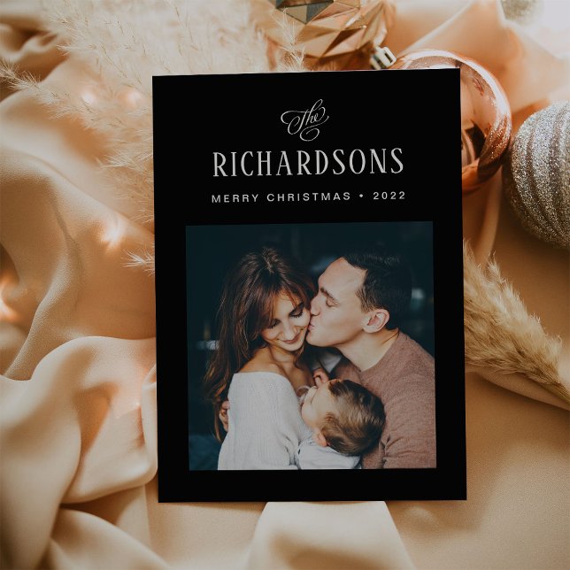 Cartão De Festividades Foto e nome da família Elegante | Feliz Natal (Criador carregado)