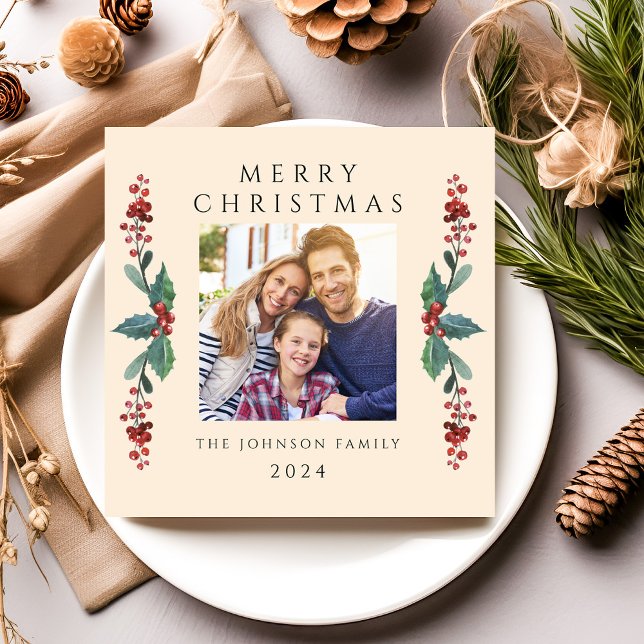 Cartão De Festividades Foto Elegante de Greenery de Natal (Elegant Christmas Greenery Photo Holiday Card)