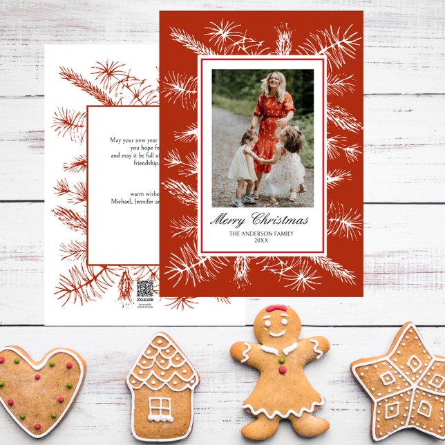 Cartão De Festividades Foto Elegante do Quadro Vermelho Rustic Pines (Rustic Pines Elegant Script White Red Border Photo Christmas Card)