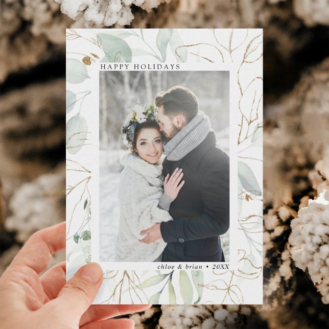 Cartão De Festividades Foto Elegante Dourada de Greenery Botânica (Criador carregado)