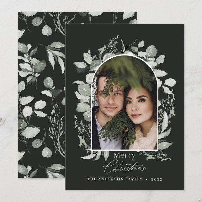 Cartão De Festividades Foto elegante e limpa de cinza verde botânica (Frente/Verso)