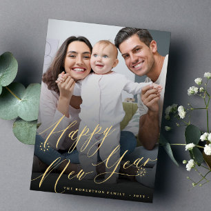 Cartão De Festividades Foto elegante mínima do Feliz ano novo Dourado