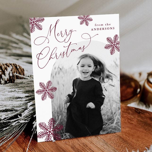 Cartão De Festividades Foto Elegante Snowflakes Cranberry 2 (Criador carregado)