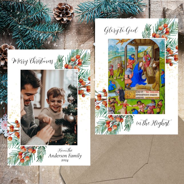 Cartão De Festividades Foto Elegante Verde de Natal Religioso (Medieval Religious Christian Catholic Merry Christmas Epiphany Green Elegant Photo Holiday Card)