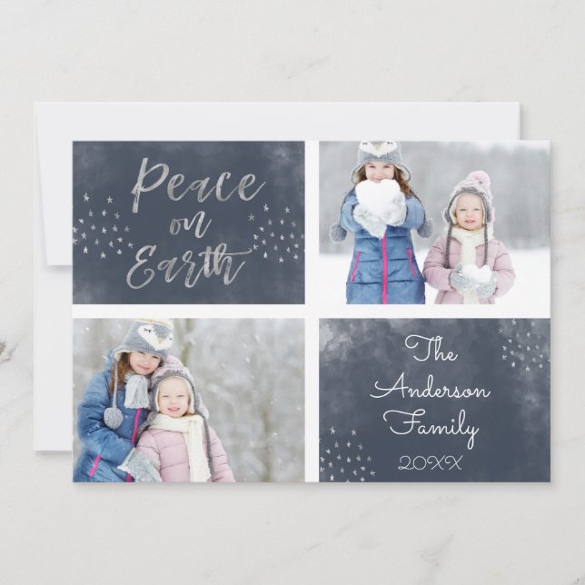 Cartão De Festividades Foto em Aquarela Azul e Prata Paz na Terra (Frente)