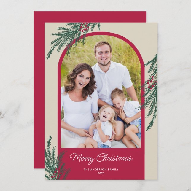 Cartão De Festividades Foto em Arco Verde Natalino Feliz Natal (Frente/Verso)