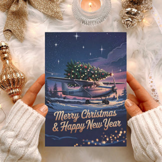Cartão De Festividades Foto engraçada de avião antigo e árvore de Natal