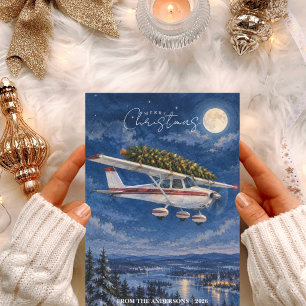Cartão De Festividades Foto engraçada de avião antigo e árvore de Natal