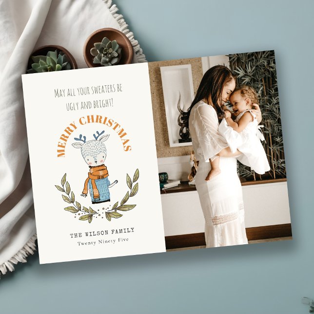 Cartão De Festividades Foto Engraçada Feia Suéter Leafy Reindeer Natal (Criador carregado)