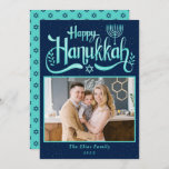 Cartão De Festividades Foto feliz de Hanukkah azul-ciano moderno<br><div class="desc">Cartão de Férias de Hanukkah Feliz Azul-Ciano Moderno</div>