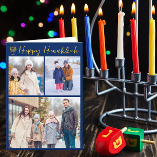 Cartão De Festividades Foto Feliz de Hanukkah Colagem Azul Moderna Dobrad