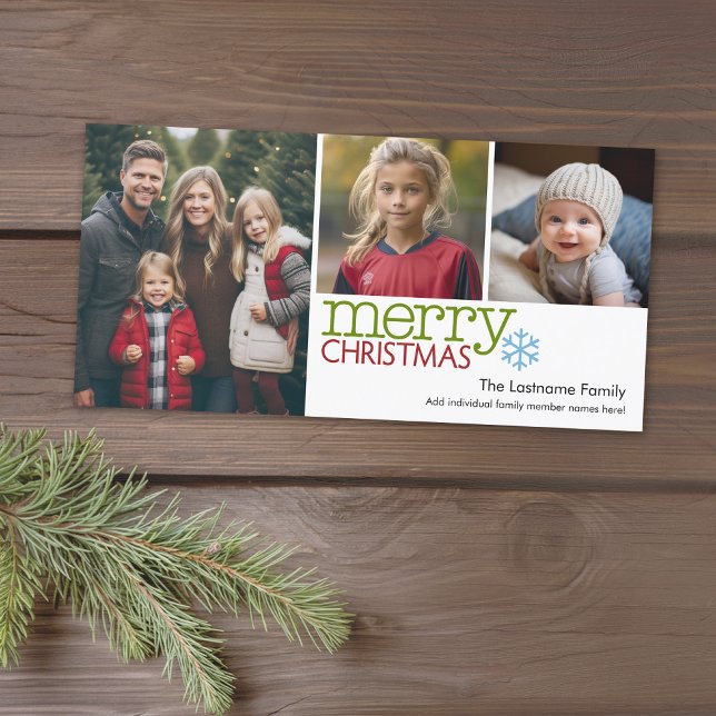 Cartão De Festividades Foto: Feliz Natal 3 Colagem de Fotos Mínima (Add photos to this classic photo card that can be printed or sent out to friends and family.)