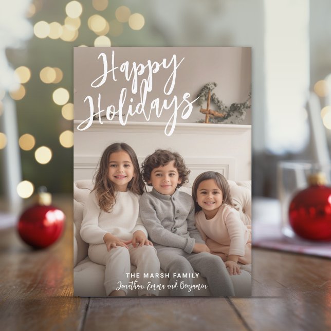 Cartão De Festividades Foto: Feliz Xadrez Aqua de Natal manuscrito (Large white Script Type over a vertical photo - Online Christmas Card)