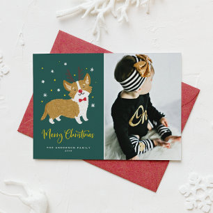 Cartão De Festividades Foto Festiva de Natal do Corgi Cute com Rena