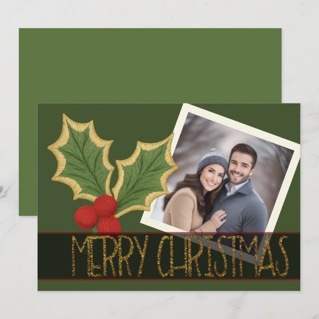 Cartão De Festividades Foto Fita de Natal com Bordado de Azevinho e Fruta (Frente/Verso)