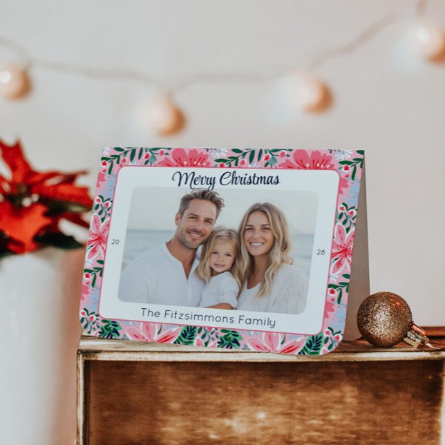 Cartão De Festividades Foto Floral de Feriado Pink Preppy (Pink Tropical Floral Folded  Christmas Card)
