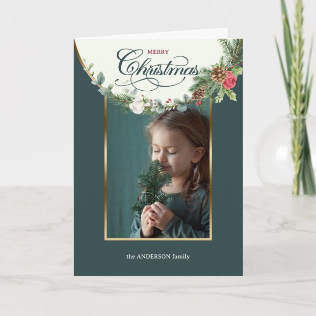 Cartão De Festividades Foto Floral do Feliz Natal da Caligrafia (Frente)