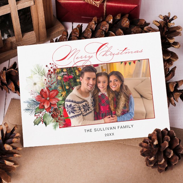Cartão De Festividades Foto Floral do Feliz Natal da Caligrafia (Criador carregado)