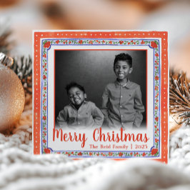 Cartão De Festividades Foto Floral Vintage Aquarela Vermelho & Azul