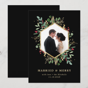 Cartão De Festividades Foto Geométrica de Casados e Alegres com Verde Dou