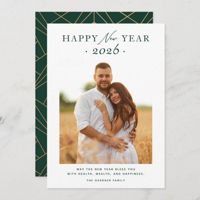 Cartão De Festividades Foto Geométrica Verde Dourada do feliz ano novo (Frente/Verso)